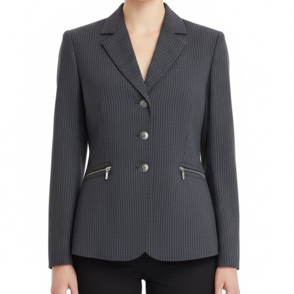 Tahari ASL 3 button black white pinstripe suit jacket blazer size 10 Petite